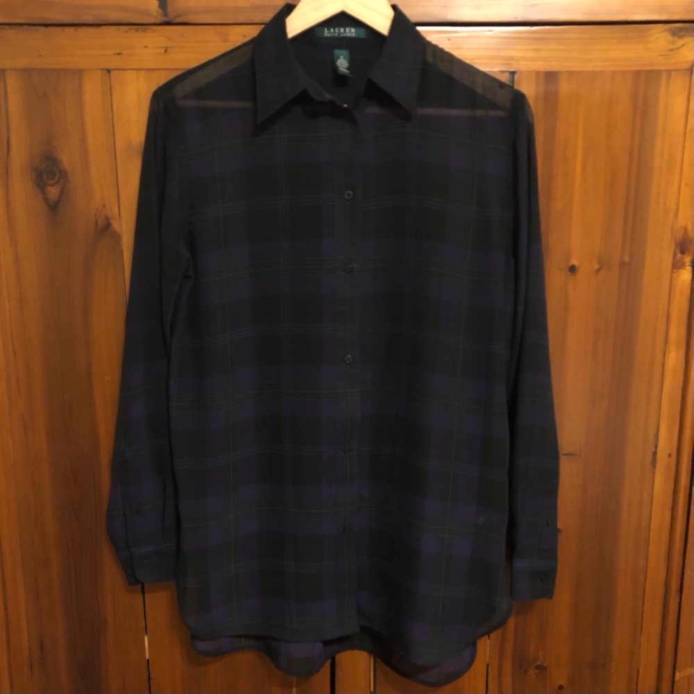 Ralph Lauren | Sheer Plaid Tunic Length Blouse - Picture 2 of 5